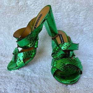 Veronica Beard Macey Green Metallic Snake Sandal Heel